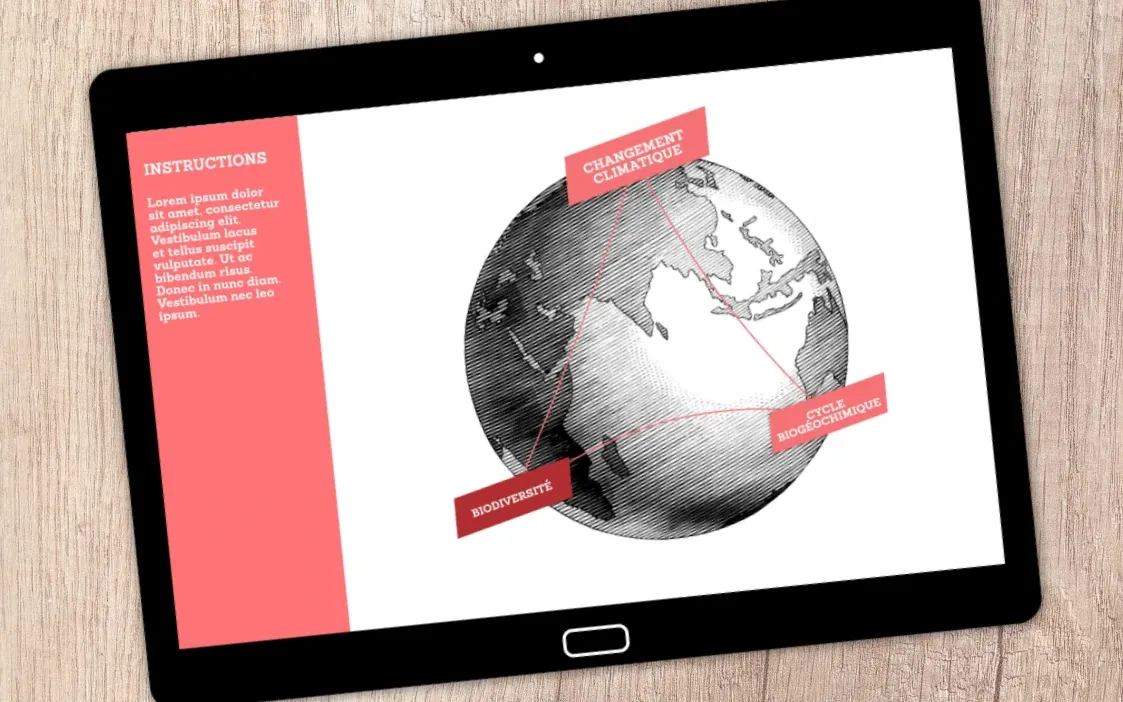 Une tablette affichant une planète dessinée et qui comporte des étiquettes formant un réseau